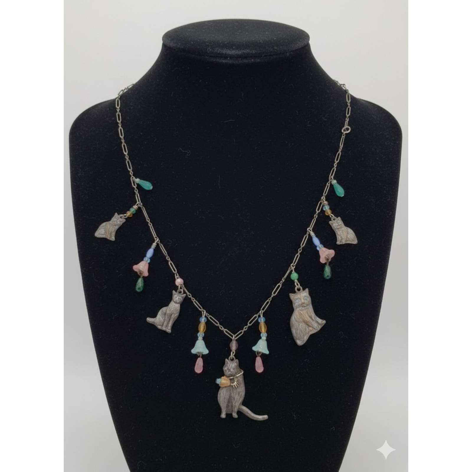 Vintage 1970s Lucy Isaacs Sterling Silver Cat Charm Necklace Whimsical Folk Art